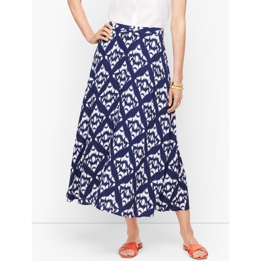 TALBOTS Petite Blue & White Ikat Midi Skirt Button Front NWT | Size 6P